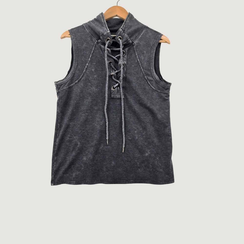 Gilded Intent Mineral Wash Lace Up Sleeveless Top Gray Funnel Neck Small S Boho